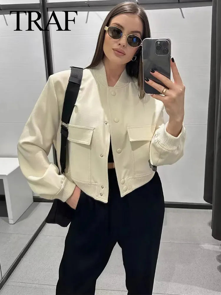 Vintage Solid Long Sleeve Bomber Jacket