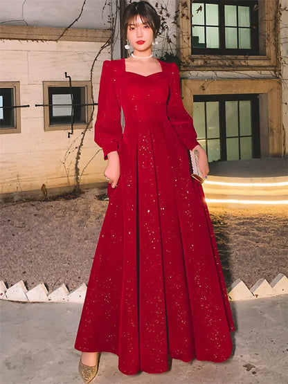 Long Sleeve Curved Neckline Full Dress