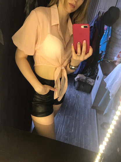 Elegant  Half Sleeve Tied Transparent  Blouses