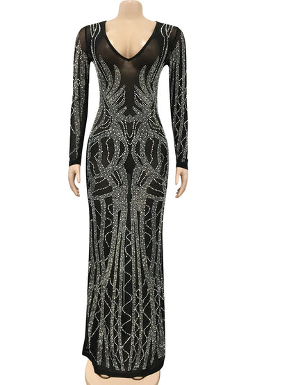 Women's Deep V-Neck Rhinestone Maxi Dress