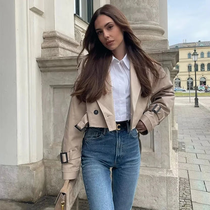 Khaki Cropped Trench Women Long Sleeves Cropped  Jacket