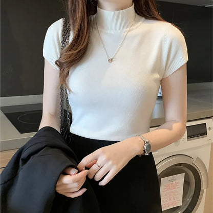 Short Sleeve Mock Neck Plain Knit Top