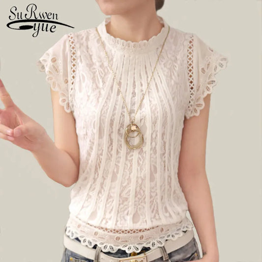 Ladies Short Sleeve White Lace Blouse