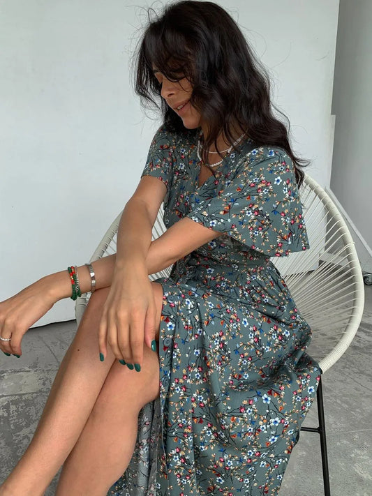V-Neck Elegant Lace-up Boho French Style Flower Printed Dress