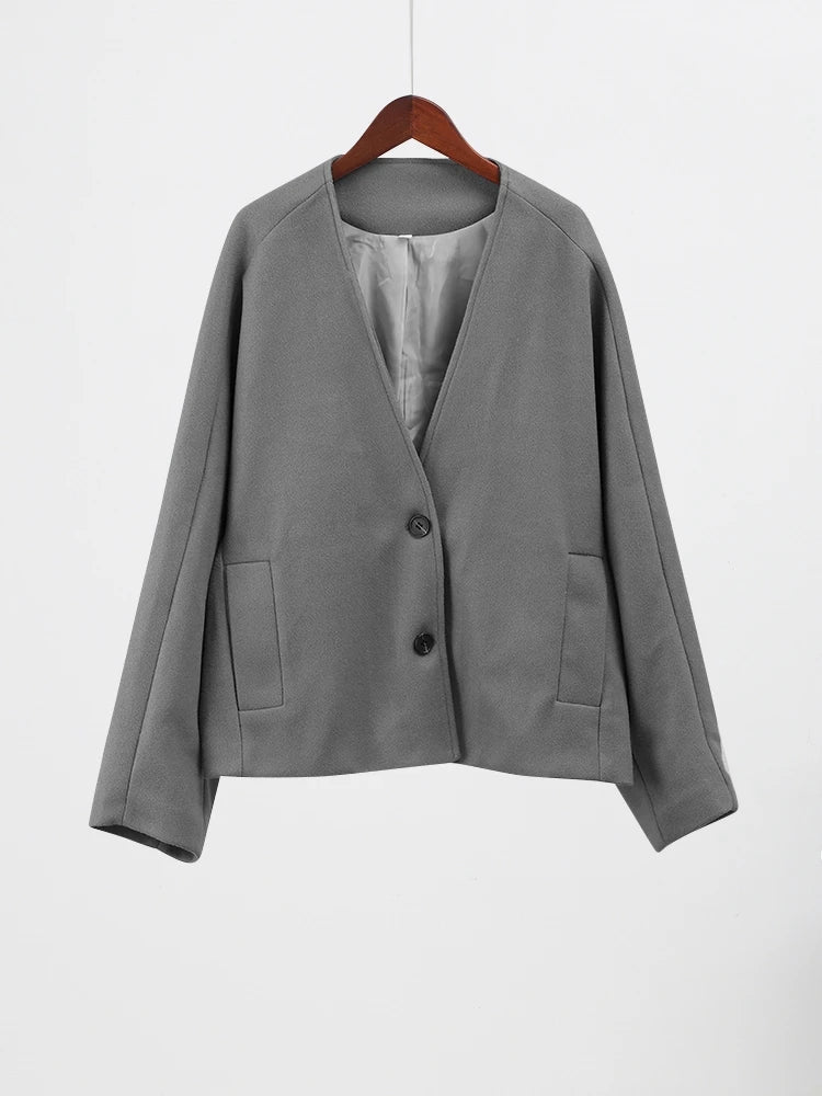 Solid V-Neck Single Breasted Long Sleeved Jacket