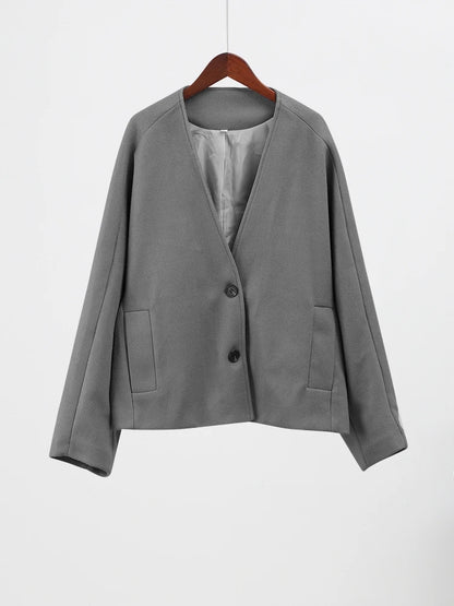 Solid V-Neck Single Breasted Long Sleeved Jacket