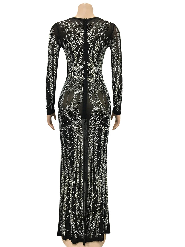Women's Deep V-Neck Rhinestone Maxi Dress