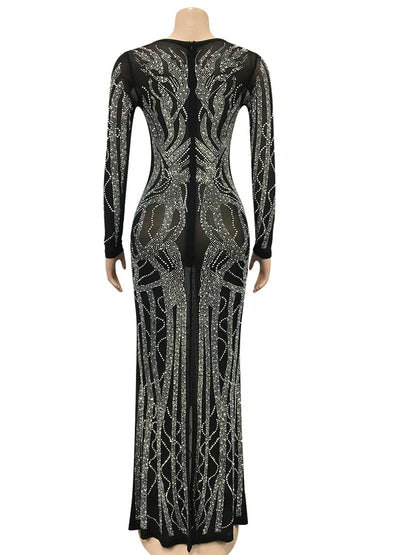 Women's Deep V-Neck Rhinestone Maxi Dress