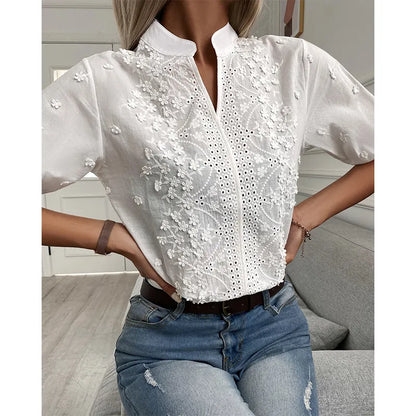 Chic Solid Hollow-out V Neck Lace Blouse
