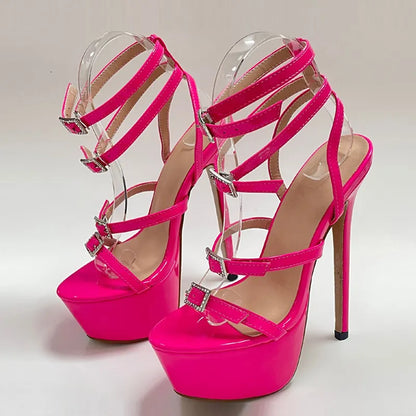 High Heel Platform Sandals with Crystal Buckle