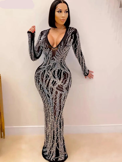 Women's Deep V-Neck Rhinestone Maxi Dress