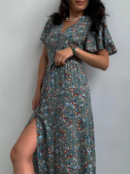 V-Neck Elegant Lace-up Boho French Style Flower Printed Dress