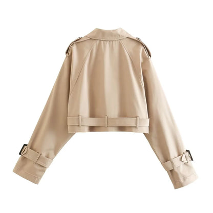 Khaki Cropped Trench Women Long Sleeves Cropped  Jacket