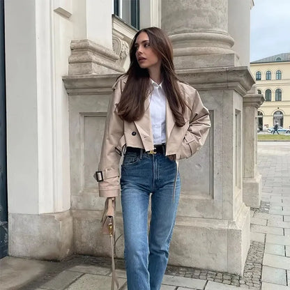 Khaki Cropped Trench Women Long Sleeves Cropped  Jacket