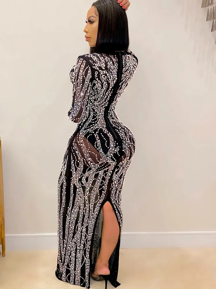 Women's Deep V-Neck Rhinestone Maxi Dress