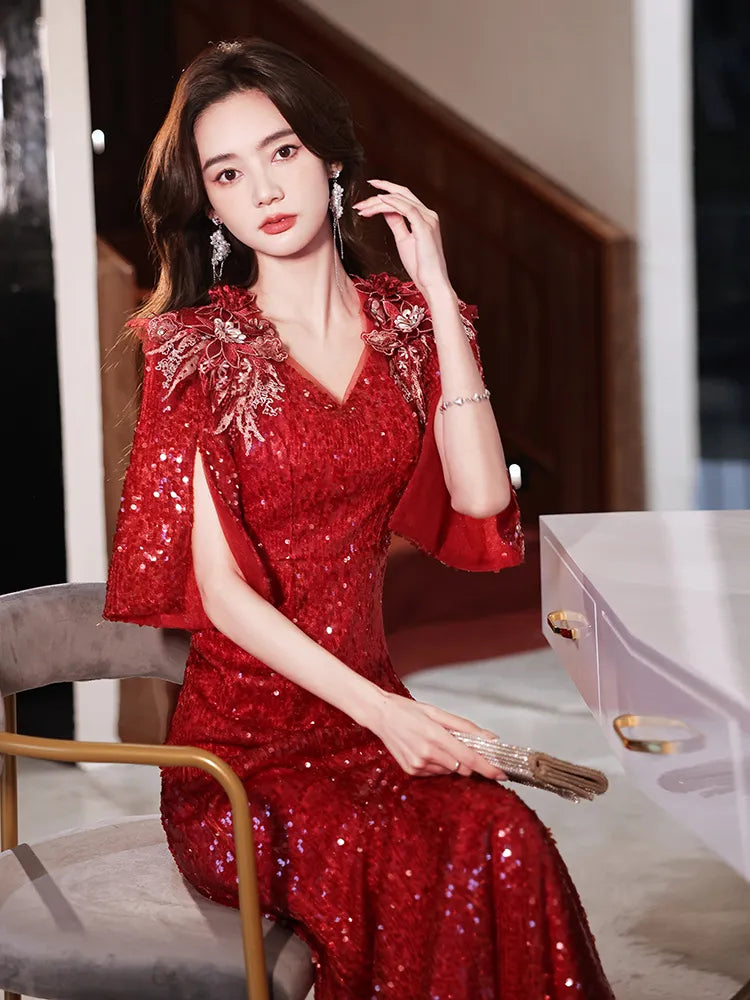 Wine Red Sequin Prom Dresses