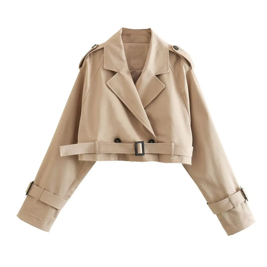 Khaki Cropped Trench Women Long Sleeves Cropped  Jacket