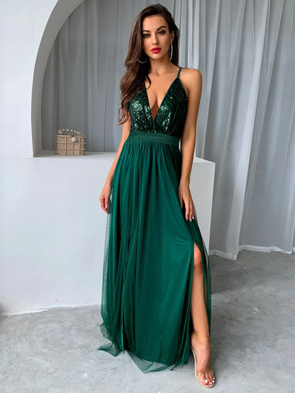 V Neck Backless Green Long Prom Dress