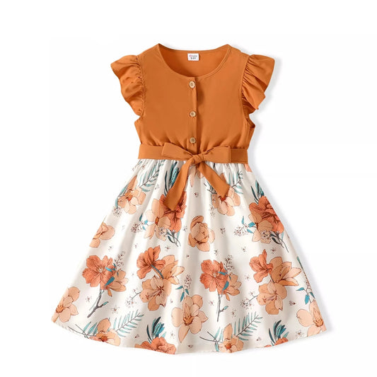 Girls Button-Up Ruffled Floral Design O-Neck Collar Knee-Length Dress