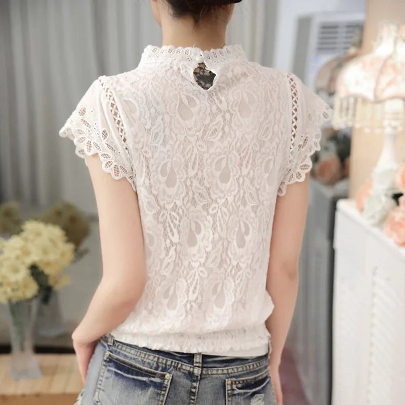 Ladies Short Sleeve White Lace Blouse