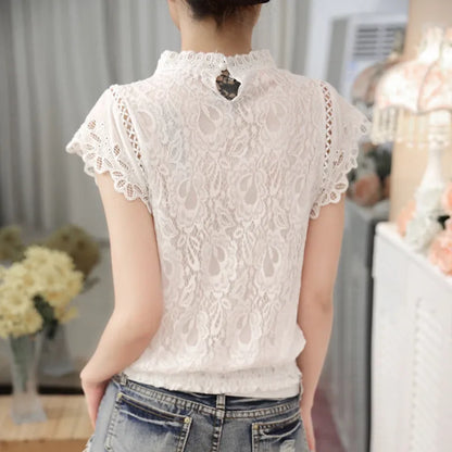 Ladies Short Sleeve White Lace Blouse