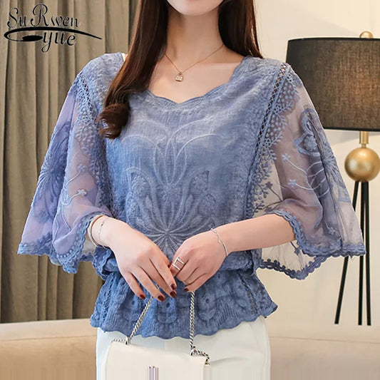 Butterfly Flower Half Sleeve Chiffon Blouse