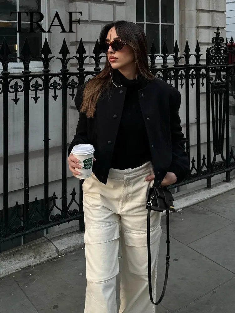 Vintage Solid Long Sleeve Bomber Jacket