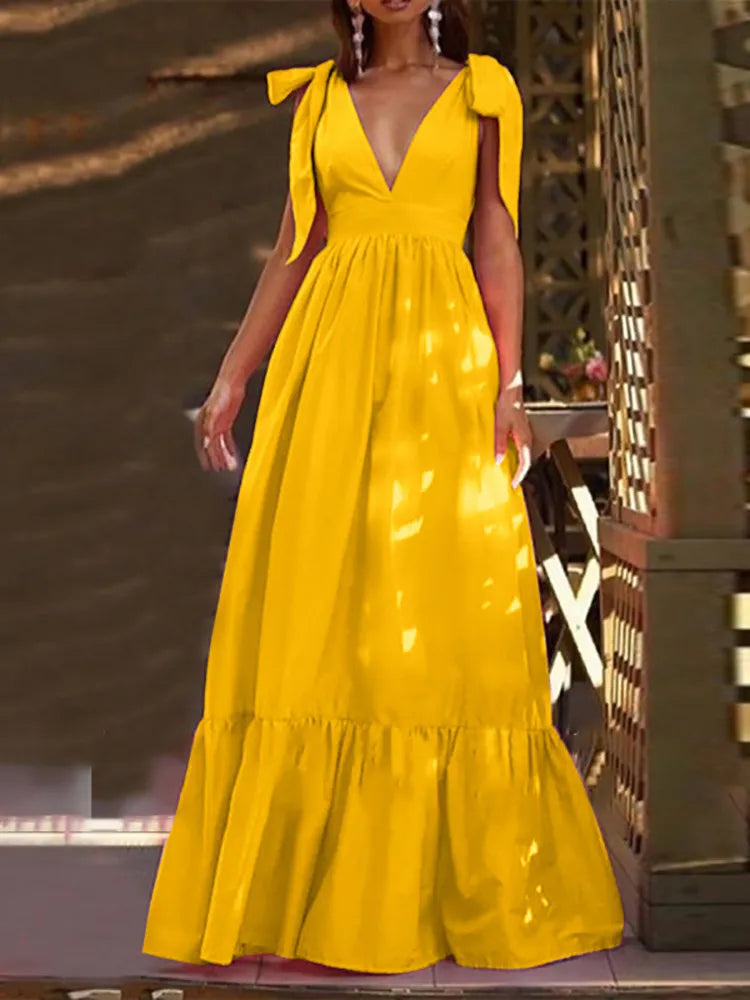 Deep V-Neck Bow Tie-Up Maxi Dress