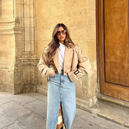 Khaki Cropped Trench Women Long Sleeves Cropped  Jacket
