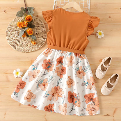 Girls Button-Up Ruffled Floral Design O-Neck Collar Knee-Length Dress