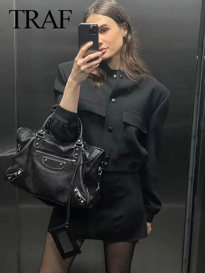Vintage Solid Long Sleeve Bomber Jacket