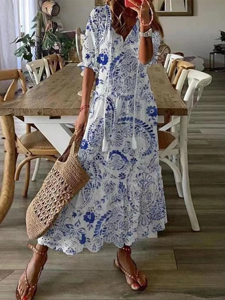 Foridol Casual Hollow Out V Neck White Lace Maxi Dress
