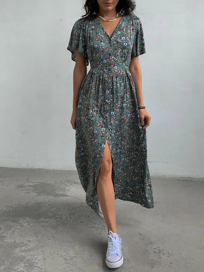 V-Neck Elegant Lace-up Boho French Style Flower Printed Dress