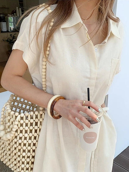 Short-Sleeve Plain Midi Shirt Dress