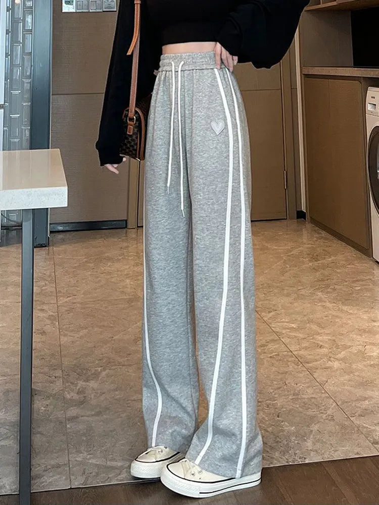 Women's Striped Sweatpants  With Vintage Lace-Up Heart Design