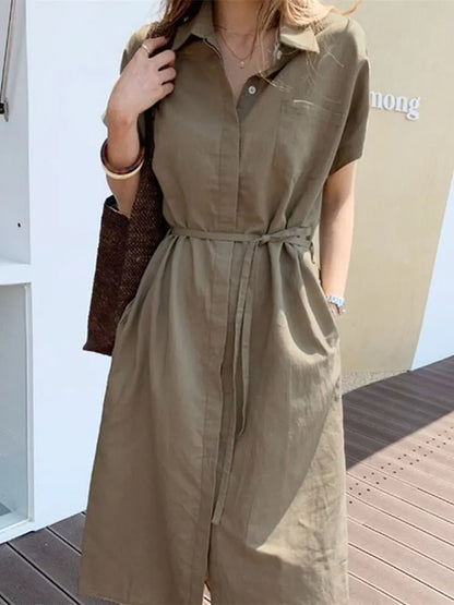 Short-Sleeve Plain Midi Shirt Dress