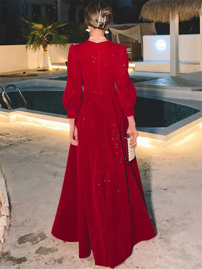 Long Sleeve Curved Neckline Full Dress