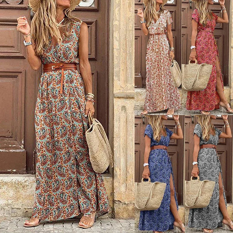 Bohemian Style Waist Trimming Printing Maxi Dress