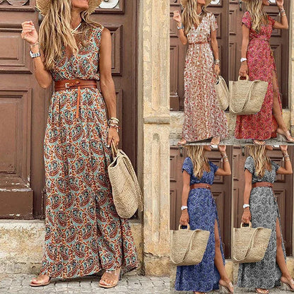 Bohemian Style Waist Trimming Printing Maxi Dress