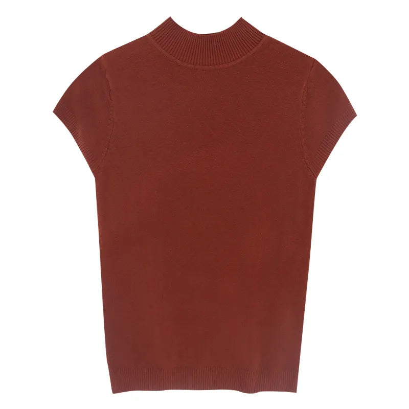 Short Sleeve Mock Neck Plain Knit Top