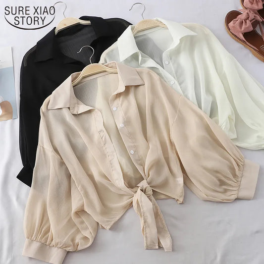 Elegant  Half Sleeve Tied Transparent  Blouses