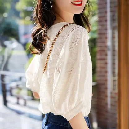 Sleeve Crew Neck Lace Plain Crop Blouse