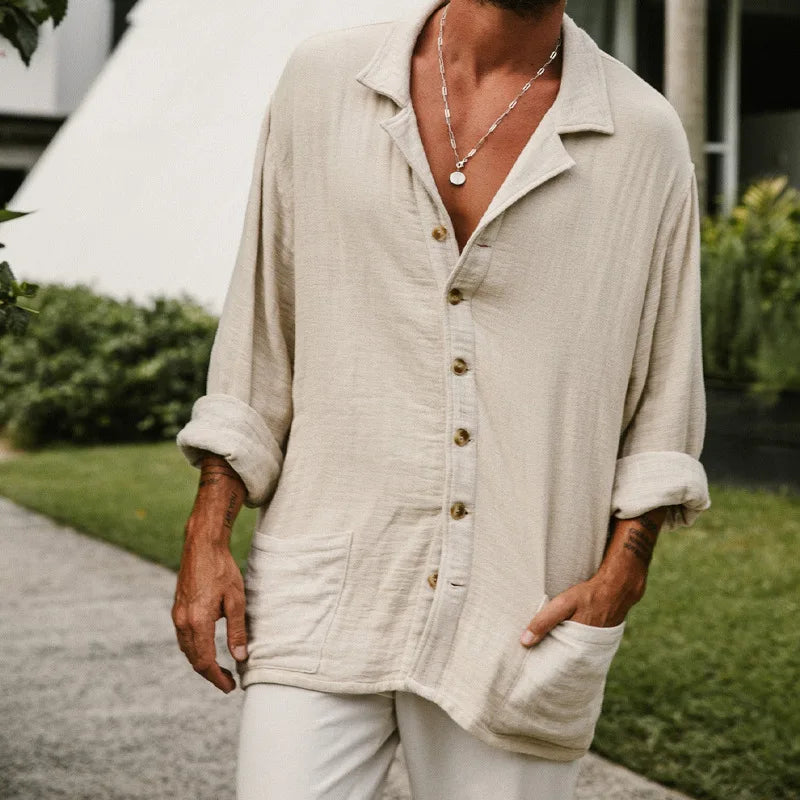 Long Sleeve White Cotton Linen Shirt