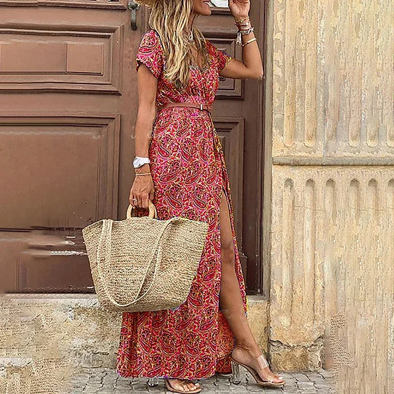 Bohemian Style Waist Trimming Printing Maxi Dress