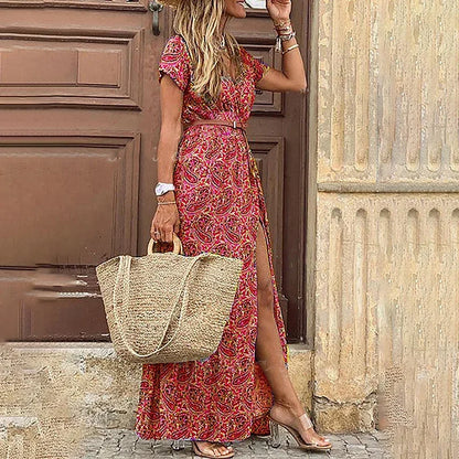 Bohemian Style Waist Trimming Printing Maxi Dress
