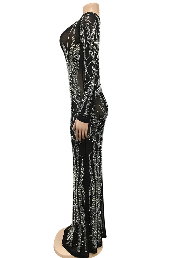 Women's Deep V-Neck Rhinestone Maxi Dress