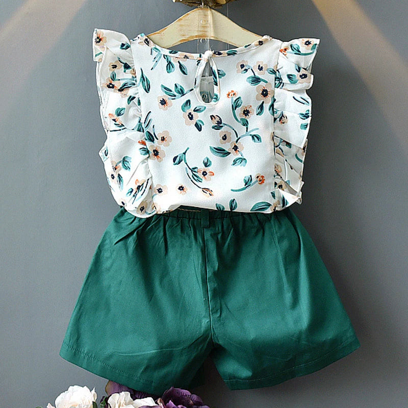 Ruffle Trim Floral Shirt Green Shorts Set