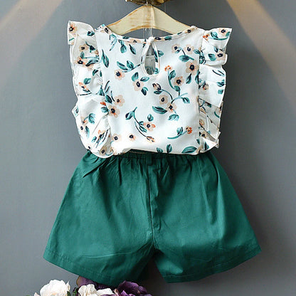 Ruffle Trim Floral Shirt Green Shorts Set