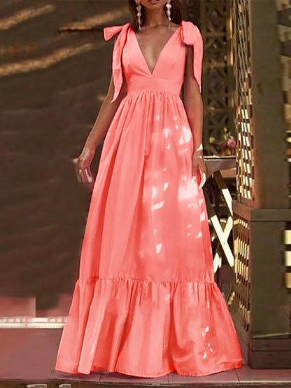 Deep V-Neck Bow Tie-Up Maxi Dress