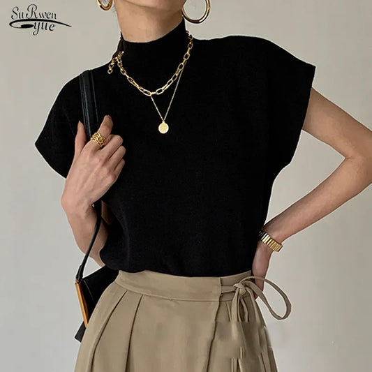 Mock Neck Knit Pullover Blouses